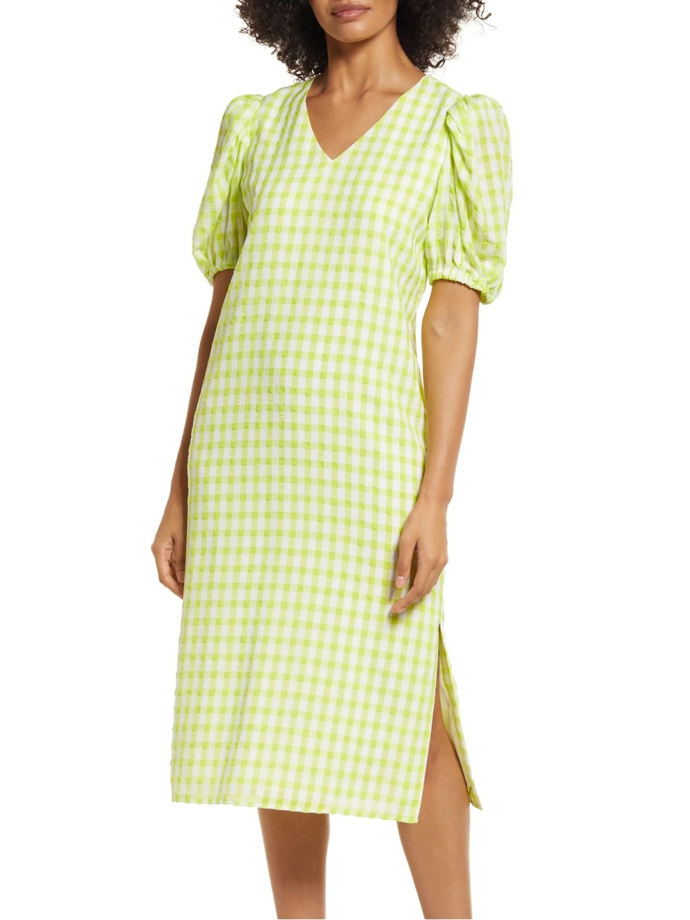 Halogen XXL Lime Green White Gingham Puff Sleeve Midi Shift Dress Lined